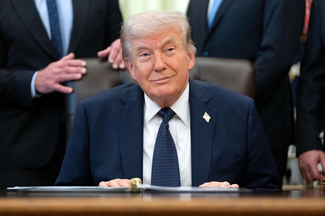  President Donald Trump listens during an event on health care affordability in the Oval Office at the White House, Thursday, April 23, 2026, in Washington. 