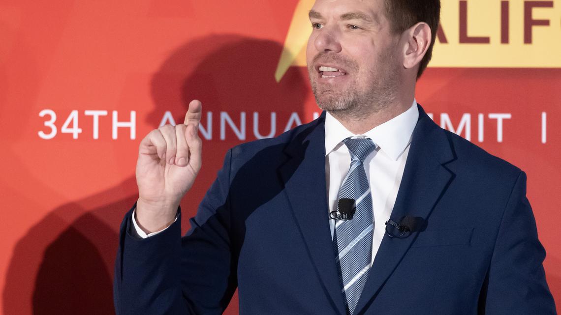 Gubernatorial candidate, Congressman Eric Swalwell, at the California Governor Candidate Forum presented by Empowerment Congress at the California Science Center in Los Angeles, California on Saturday, Jan. 17, 2026. (Myung J. Chun/Los Angeles Times/TNS)