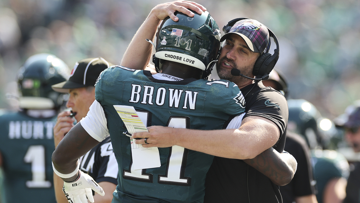 Philadelphia Eagles wide receiver A.J. Brown (11) was traded to the New England Patriots after four seasons with Nick Sirianni, right, and the Eagles. (David Maialetti/The Philadelphia Inquirer/TNS)