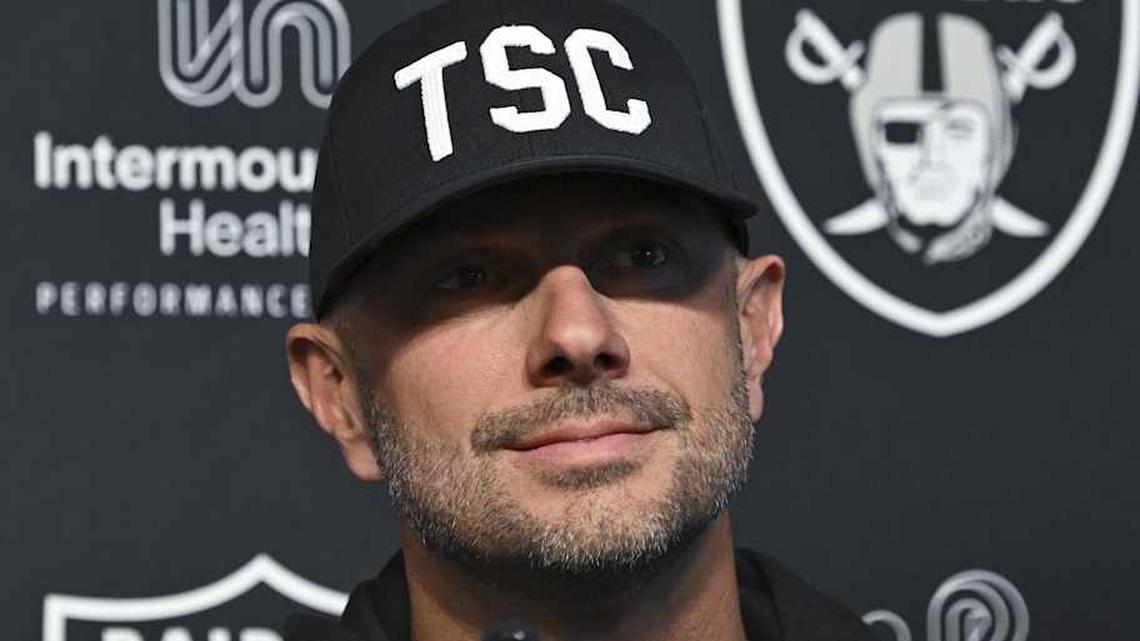  Apr 25, 2025; Henderson, NV, USA; (L-R) Las Vegas Raiders general manager John Spytek during a news conference introducing Ashton Jeanty as the first round draft pick in the 2025 NFL Draft at Intermountain Health Performance Center. Mandatory Credit: Candice Ward-Imagn Images | Candice Ward-Imagn Images 