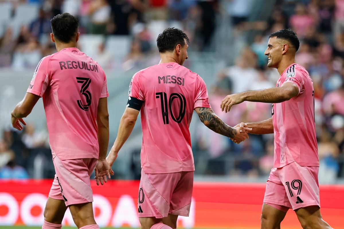  German Berterame #19 of Inter Miami CF celebrates after scoring his team's second goal with teammate Lionel Messi #10 during the MLS match between Inter Miami CF and Portland Timbers at Nu Stadium on May 17, 2026 in Miami, Florida. (Photo by Carmen Mandato/Getty Images) Photo by Carmen Mandato/Getty Images