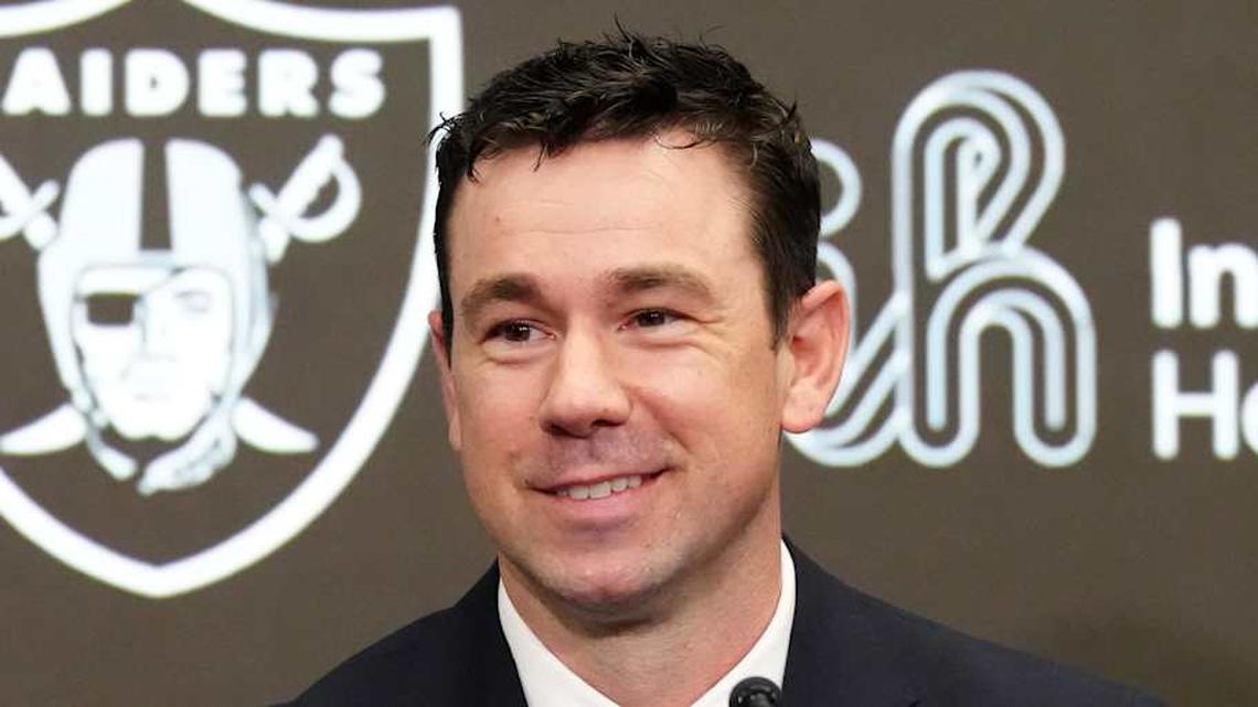  Feb 10, 2026; Henderson, NV, USA; Las Vegas Raiders coach Klint Kubiak speaks at introductory press conference at Intermountain Health Performance Center. Mandatory Credit: Kirby Lee-Imagn Images | Kirby Lee-Imagn Images 