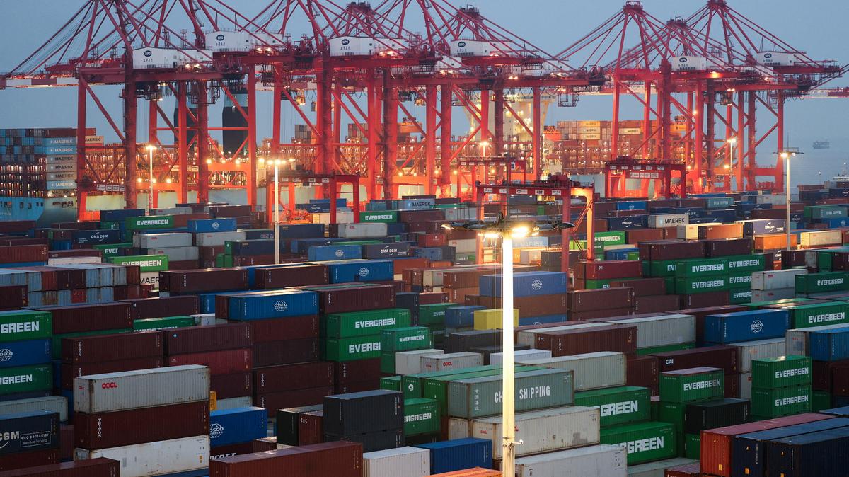 Gantry cranes stand near stacked shipping containers at Yangshan Port outside Shanghai, China, May 7, 2026.  REUTERS/Go Nakamura