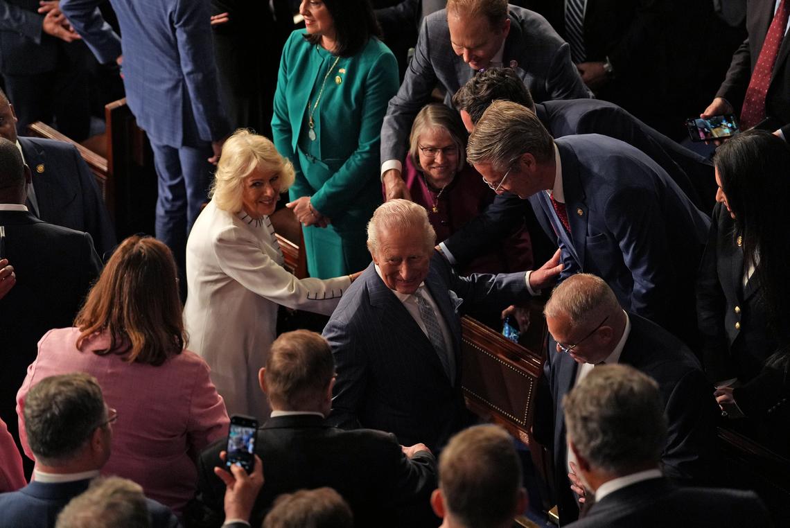 King Charles III and Queen Camilla greet attendees after speaking at a joint meeting of Congress in honor of the 250th anniversary of American independence at the Capitol in Washington, on Tuesday, April 28, 2026. (Salwan Georges/The New York Times)