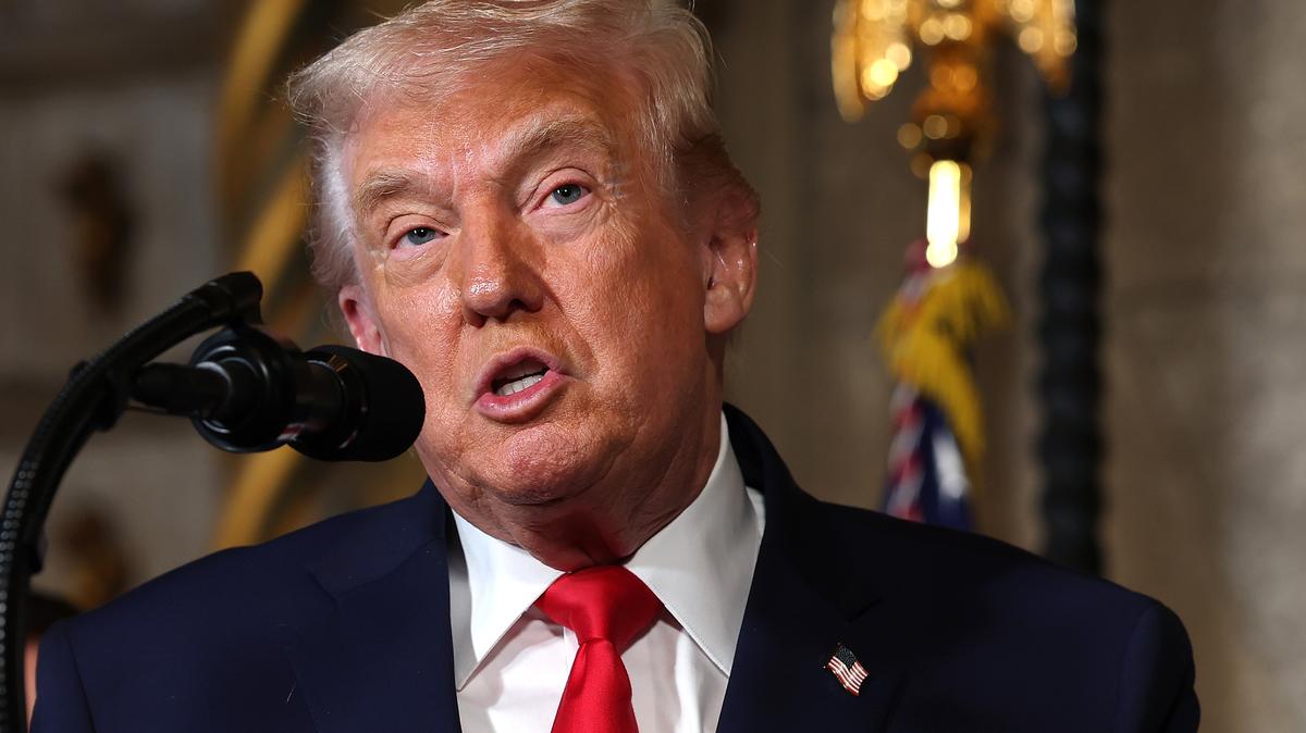 President Trump, With Secretaries Of Navy And War, Makes An Announcement From His Mar-a-Lago Resort In Florida. PALM BEACH, FLORIDA - DECEMBER 22: U.S. President Donald Trump announced the creation of the “Trump-class” battleship during a statement to the media at Trump’s Mar-a-Lago estate on December 22, 2025 in Palm Beach, Florida. Trump announced the new class of ship will become the centerpiece of his “Golden Fleet” program to rebuild and strengthen the U.S. shipbuilding industry. (Photo by Tasos Katopodis/Getty Images)