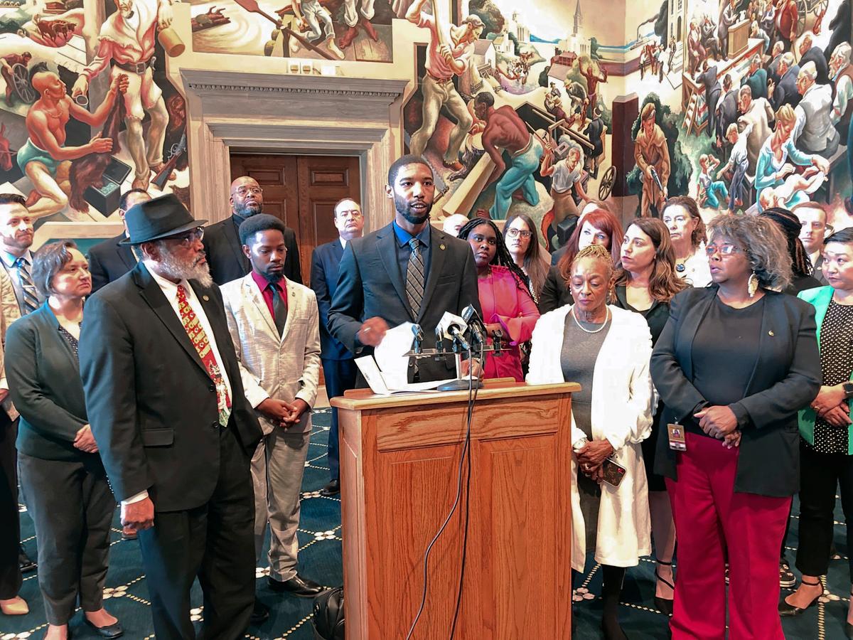 Missouri state Rep. Kevin Windham speaks to reporters during a press conference Thursday, Feb. 9, 2023, in the House Lounge of the state Capitol in Jefferson City, Mo. Missouri Legislative Black Caucus members accused the state’s House Republican leaders of racism for cutting off a House floor speech by Windham and halting debate on crime legislation that passed Thursday. (AP Photo/David A. Lieb)