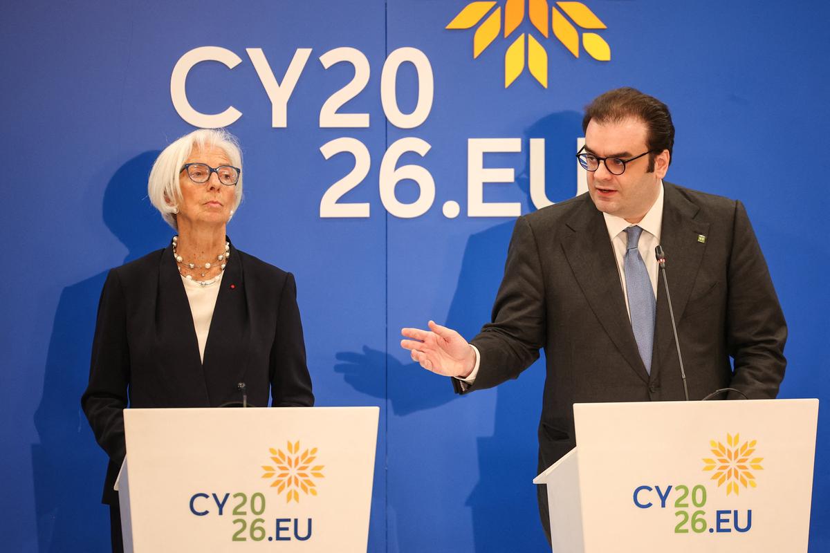 President of the European Central Bank Christine Lagarde and Eurogroup President Kyriakos Pierrakakis attend a Eurogroup press conference, in Nicosia, Cyprus May 22, 2026. REUTERS/Yiannis Kourtoglou