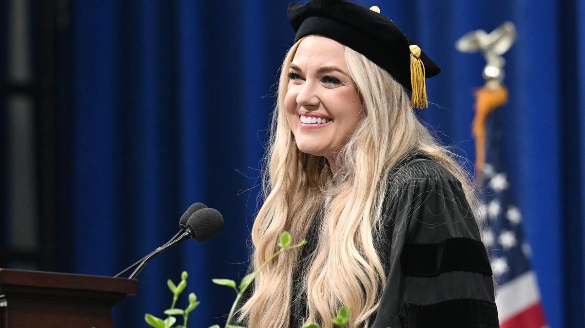 Erika Kirk, CEO and chair of Turning Point USA, gives the commencement address at the 174th Hillsdale College graduation in Hillsdale, Michigan, on Saturday, May 9, 2026. (Daniel Mears/The Detroit News/TNS)