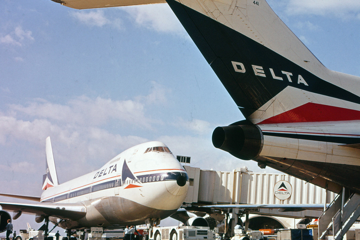  A picture of Delta airplanes on the runway. 