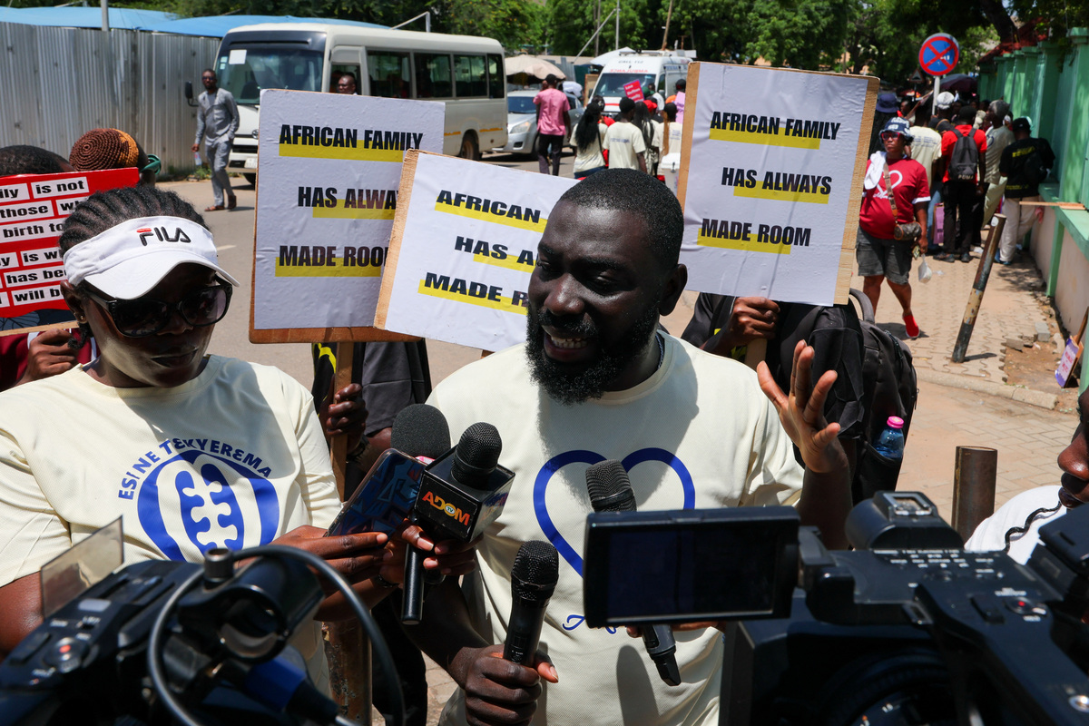 Organizers of a march to promote diversity and inclusive family values speak with the press as Ghana hosts the 4th African Regional Inter-Parliamentary Conference on Family Values and Sovereignty in Accra, Ghana, June 5, 2026. REUTERS/Francis Kokoroko