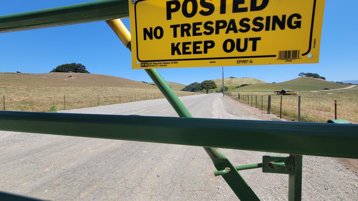 A gate along the terminus of Morrison Canyon Road in Fremont obstructs a public right of way in front of the ranch of Christopher George, CEO of mortgage lending company CMG Financial, on Fri., May 15, 2026. A code enforcement hearing officer recently ordered George to remove the gate from the roadway by Mon., April 18 -- something he's repeatedly refused to do for months. (Kyle Martin/Bay Area News Group)