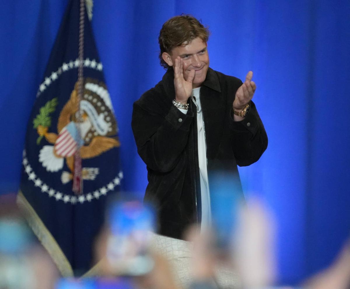  Giants quarterback Jaxson Dart at a rally for Mike Lawler and President Trump in the fieldhouse at Rockland Community College May 22, 2026. 