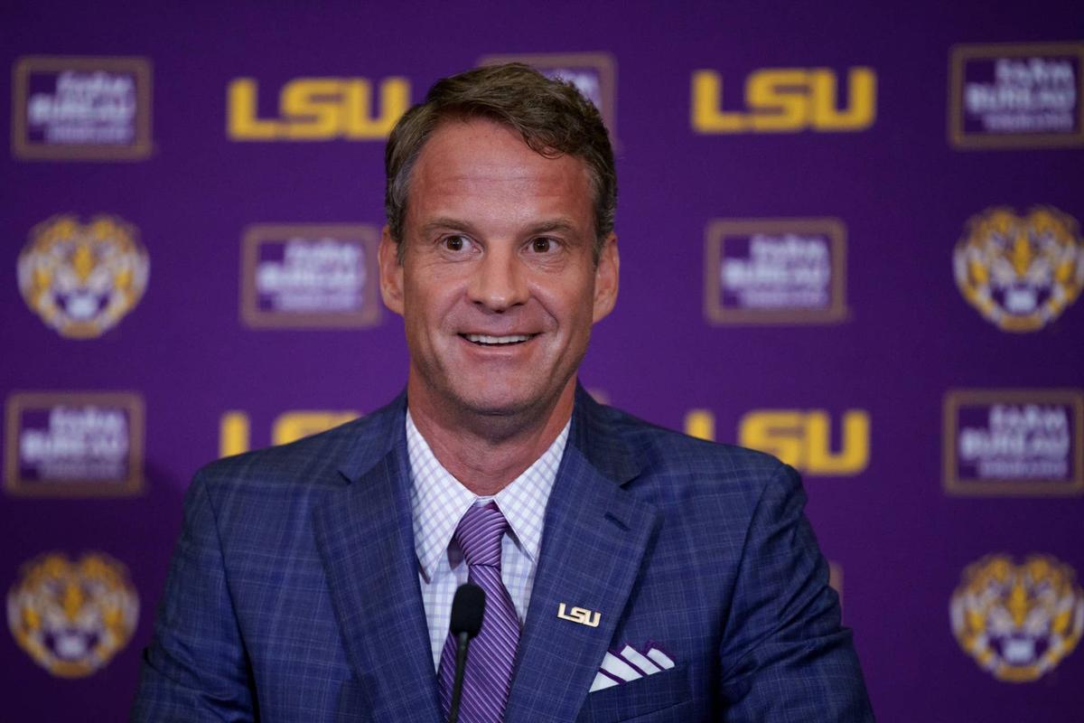  Dec 1, 2025; Baton Rouge, LA, USA; LSU new head coach Lane Kiffin speaks at South Stadium Club at Tiger Stadium. Mandatory Credit: Matthew Hinton-Imagn Images 