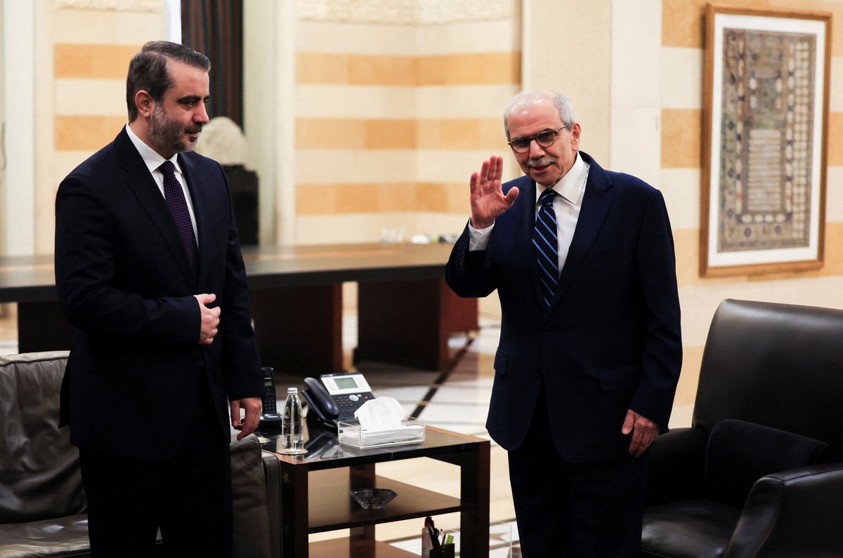 Lebanon's Prime Minister Nawaf Salam gestures as he meets with Syrian Foreign Minister Asaad Al-Shaibani at the Government Palace, in Beirut, Lebanon, July 2, 2026. REUTERS/Mohamed Azakir