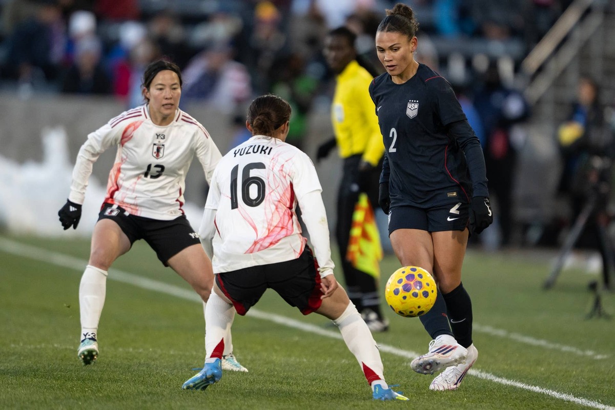  Forward Trinity Rodman (2) of United States passes past defender/midfielder Yuzuki Yamamoto (16) of Japan during an international friendly match on Friday, April 17, 2026, at Dick's Sporting Goods Park in Commerce City, Colo. (Photo by Timothy Hurst/MediaNews Group/The Denver Post via Getty Images) Photo by Timothy Hurst/MediaNews Group/The Denver Post via Getty Images