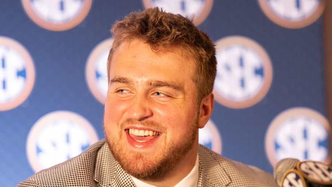  Jul 18, 2024; Dallas, TX, USA; Texas A&M offensive lineman Trey Zuhn III speaks to the media at Omni Dallas Hotel. Mandatory Credit: Brett Patzke-Imagn Images | Brett Patzke-Imagn Images 