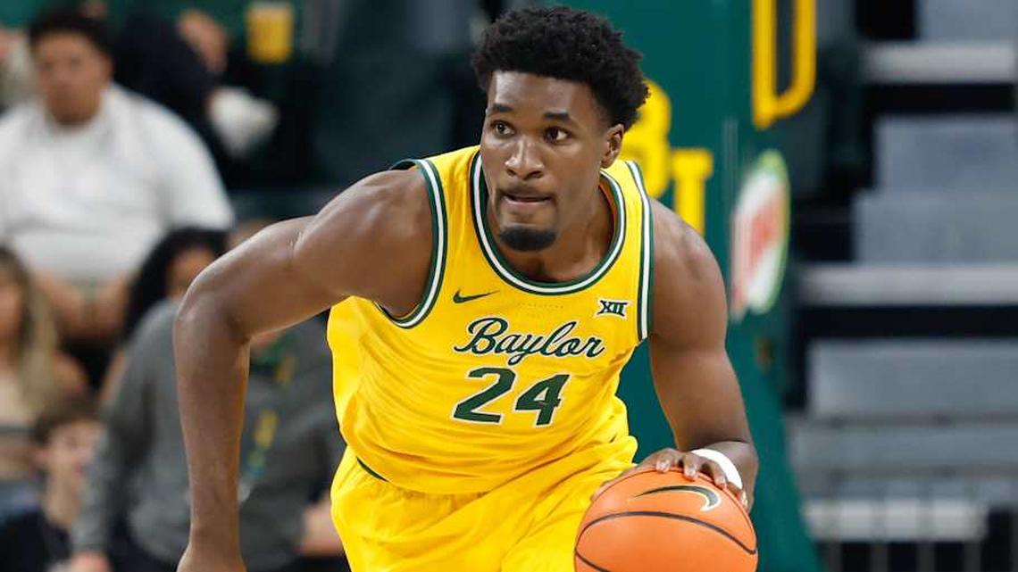  Mar 7, 2026; Waco, Texas, USA; Baylor Bears guard Tounde Yessoufou (24) dribbles the ball up court against the Utah Utes during the first half at Paul and Alejandra Foster Pavilion. Mandatory Credit: Chris Jones-Imagn Images | Chris Jones-Imagn Images 