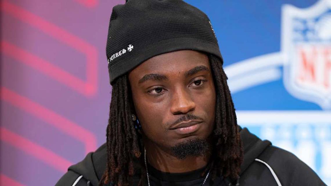  Feb 26, 2026; Indianapolis, IN, USA; Southern California defensive back Bishop Fitzgerald (DB35) speaks to members of the media during the NFL Combine at the Indiana Convention Center. Mandatory Credit: Jacob Musselman-Imagn Images | Jacob Musselman-Imagn Images 