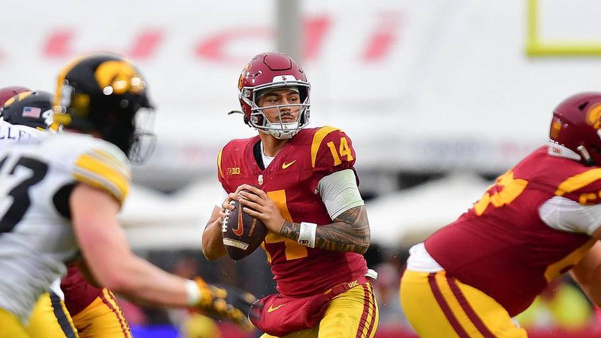  Nov 15, 2025; Los Angeles, California, USA; Southern California Trojans quarterback Jayden Maiava (14) drops back to pass against the Iowa Hawkeyes during the second half at the Los Angeles Memorial Coliseum. Mandatory Credit: Gary A. Vasquez-Imagn Images | Gary A. Vasquez-Imagn Images 