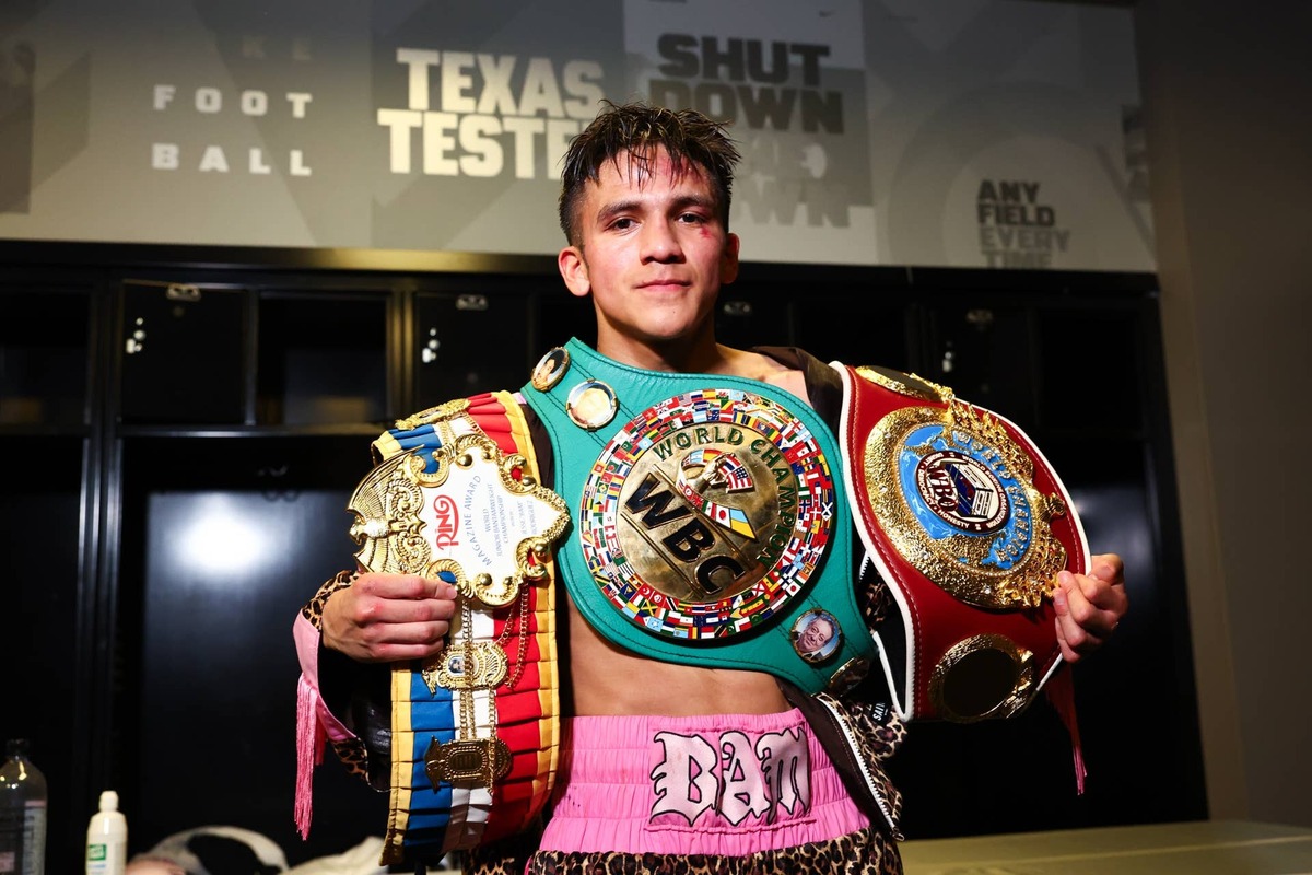  FRISCO, TEXAS - JULY 19: Jesse "Bam" Rodriguez celebrates his super flyweight world title win against Phumelela Cafu Melina Pizano/Getty Images