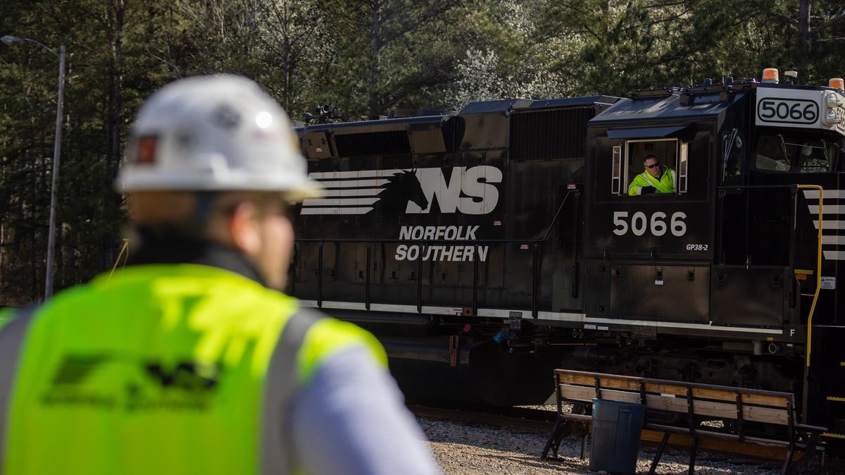 A train used for safety training is seen at the Norfolk Southern Training Center in McDonough on Friday, March 7, 2025. (Arvin Temkar/AJC)
