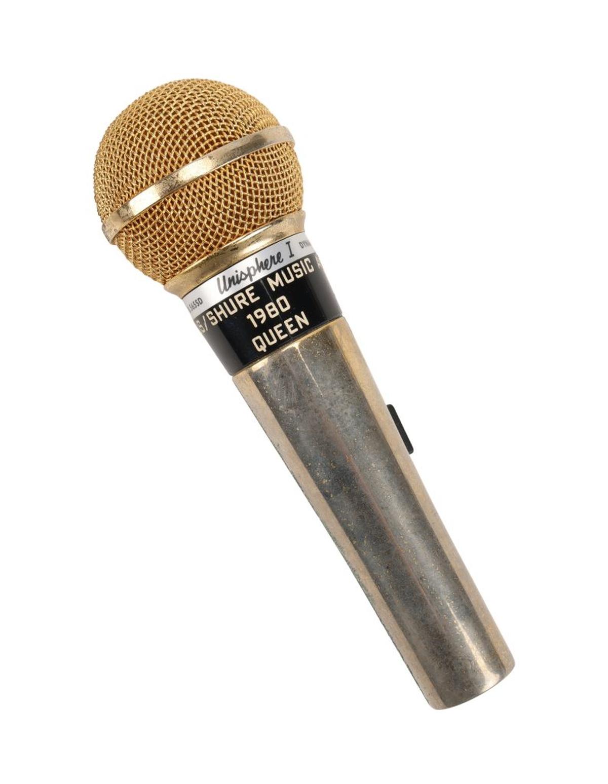  Freddie Mercury's Gold Shure 565 SD Microphone Award Used for 1982 Top of the Pops Performance Sold. (Propstore via SWNS) 