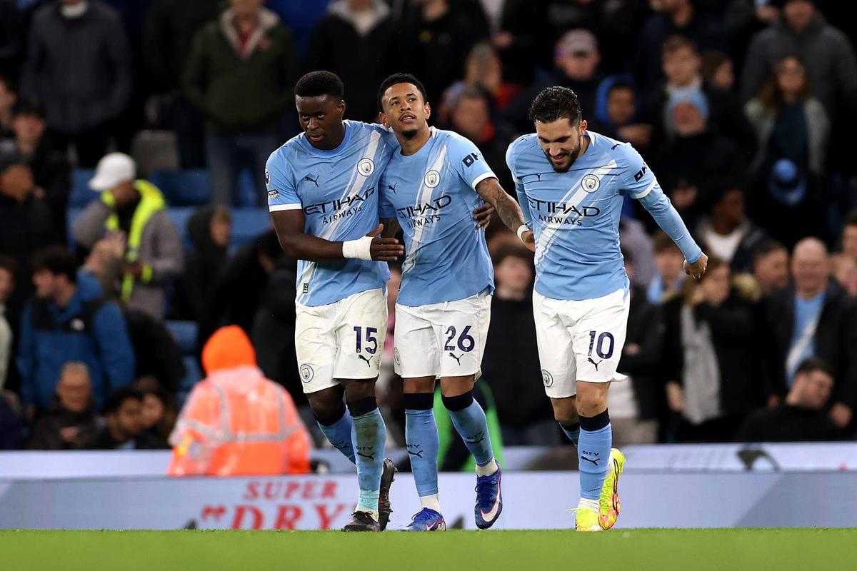  Savinho of Manchester City celebrates scoring his team's third goal with teammates Marc Guehi and Rayan Cherki during the Premier League match between Manchester City and Crystal Palace at Etihad Stadium on May 13, 2026 in Manchester, England. (Photo by Naomi Baker/Getty Images) Photo by Naomi Baker/Getty Images