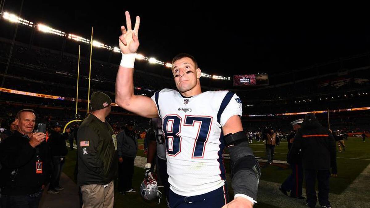  Nov 12, 2017; Denver, CO, USA; New England Patriots tight end Rob Gronkowski (87) following the win over the Denver Broncos at Sports Authority Field. Mandatory Credit: Ron Chenoy-USA TODAY Sports | IMAGN IMAGES via Reuters Connect 