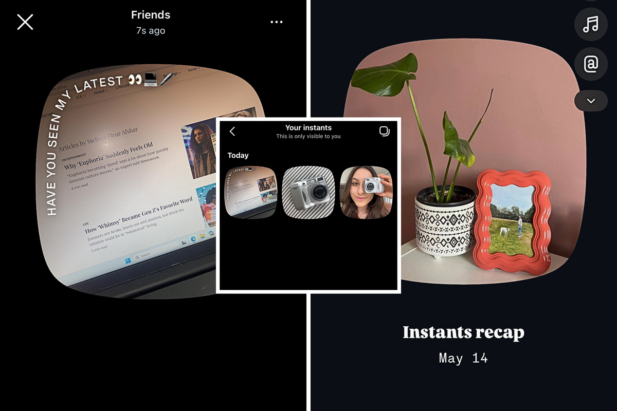  Screengrabs from Instagram’s Instant feature show a laptop screen (L); saved images and a pot next to a framed photograph. 
