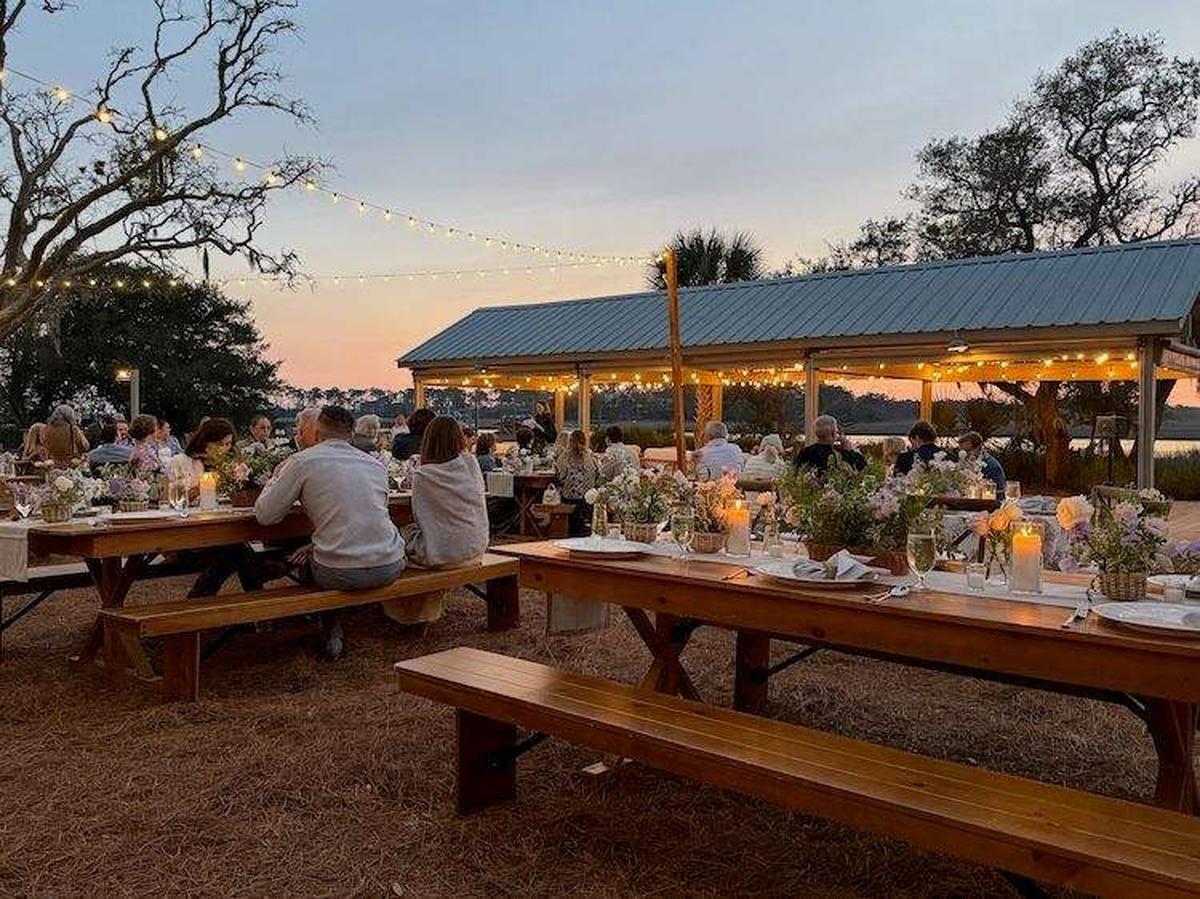 Welcome Party at Mingo Point with tables, settings, and festive lights. Photo credit: Sharon Kurtz 