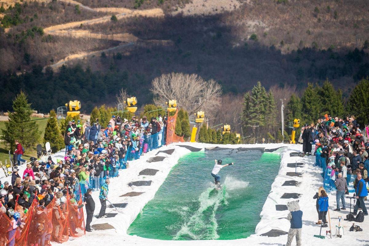  Pond skimming at Blue Mountain, PA (stock image).