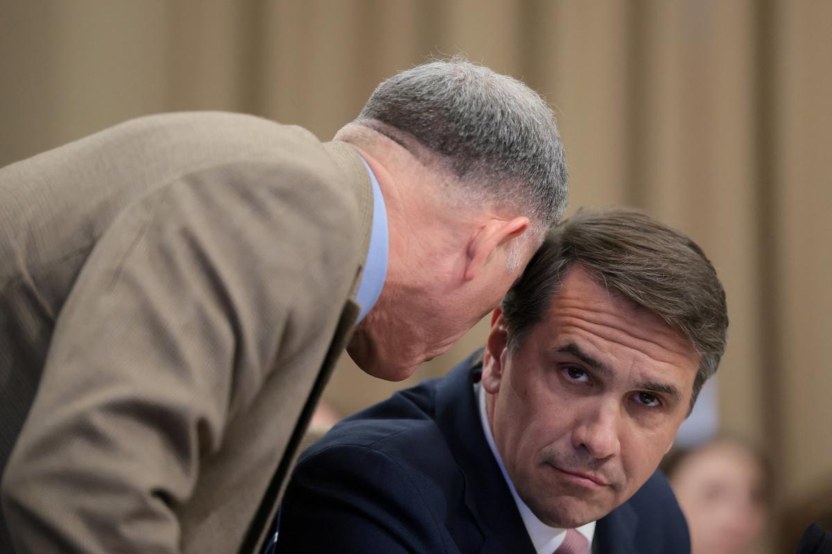 U.S. Representative Andrew Clyde (R-GA) speaks to Acting U.S. Attorney General Todd Blanche as he testifies before a House Appropriations Commerce, Justice, Science, and Related Agencies Subcommittee oversight hearing on the Department of Justice, on Capitol Hill, in Washington, D.C., U.S., June 2, 2026. REUTERS/Kylie Cooper