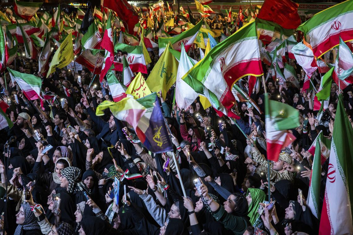 A pro-government demonstration in Enghelab Square in Tehran, Iran on Wednesday, April 22, 2026. The killing of Ayatollah Ali Khamenei has ushered in a new form of collective leadership, with more power for the generals of the Revolutionary Guard. (Arash Khamooshi/The New York Times)