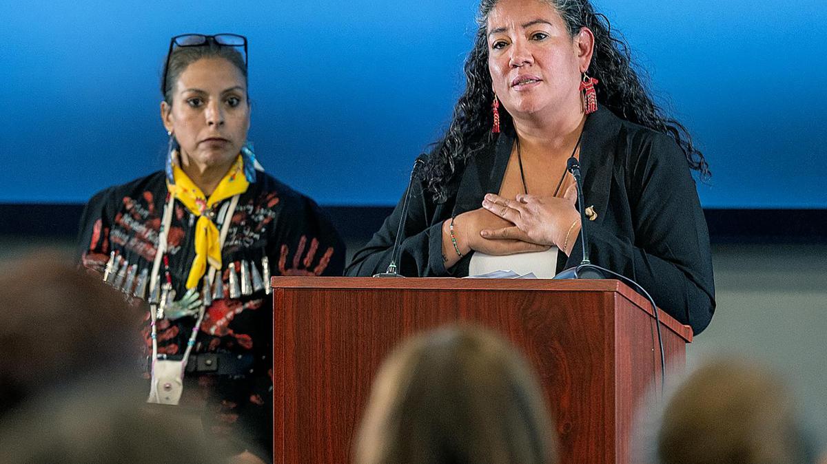 Guadalupe Lopez, director of Minnesota’s Missing and Murdered Indigenous Relatives Office, honors loved ones during an annual remembrance ceremony at the American Indian Center in Minneapolis on May 5, 2026. (Elizabeth Flores/The Minnesota Star Tribune/TNS)