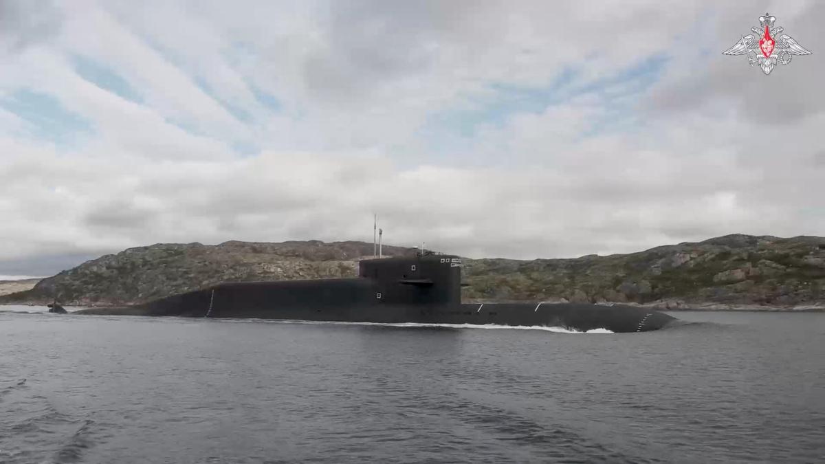 A Russian nuclear submarine takes part in a nuclear forces exercise at an unidentified location in Russia, in this still image taken from handout footage released on May 21, 2026.  Russian Defence Ministry/Handout via REUTERS