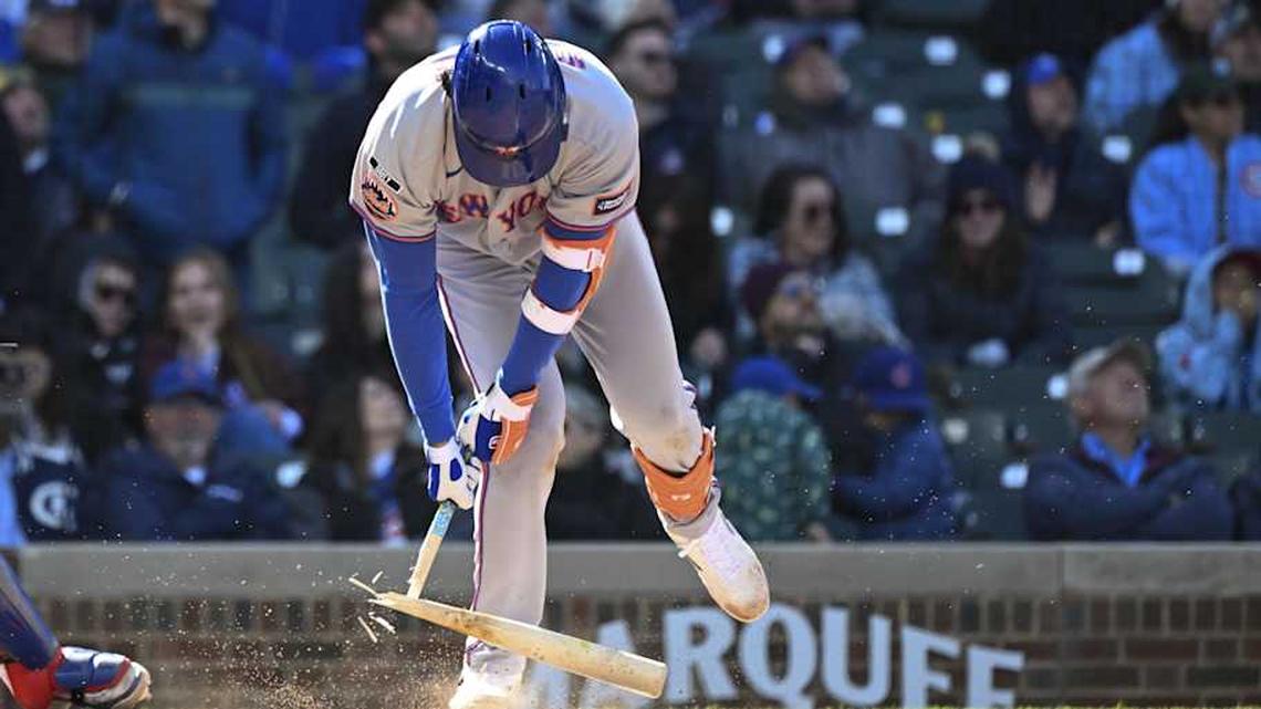  Mets third baseman Mark Vientos breaks his bat after popping up on Sunday against the Cubs. | Matt Marton-Imagn Images 