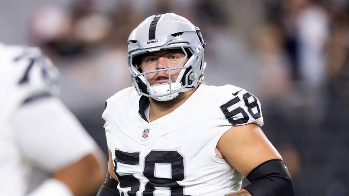  Aug 23, 2025; Glendale, Arizona, USA; Las Vegas Raiders center Jackson Powers-Johnson (58) against the Arizona Cardinals during a preseason NFL game at State Farm Stadium. Mandatory Credit: Mark J. Rebilas-Imagn Images | Mark J. Rebilas-Imagn Images 