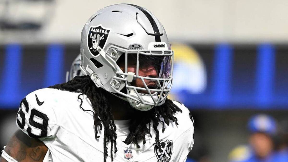  Oct 20, 2024; Inglewood, California, USA; Las Vegas Raiders defensive tackle Adam Butler (69) during a game against the Los Angeles Rams at SoFi Stadium. Mandatory Credit: Robert Hanashiro-Imagn Images | USA TODAY Sports via Reuters Connect 