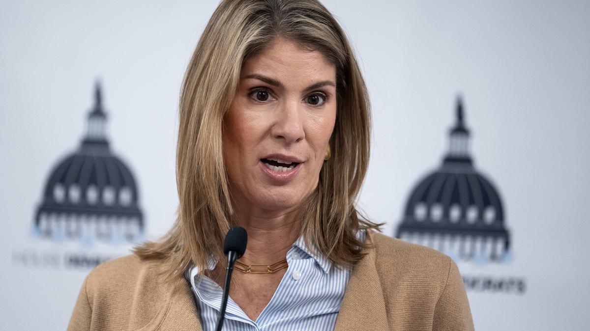 U.S. Rep. Lori Trahan (D-Mass.) co-chair of the House Democratic Policy and Communications Committee, conducts a news conference during the House Democrats 2026 Issues Conference at the Lansdowne Resort in Leesburg, Va., on Thursday, Feb. 26, 2025. (Tom Williams/CQ Roll Call/ZUMA Press/TNS)