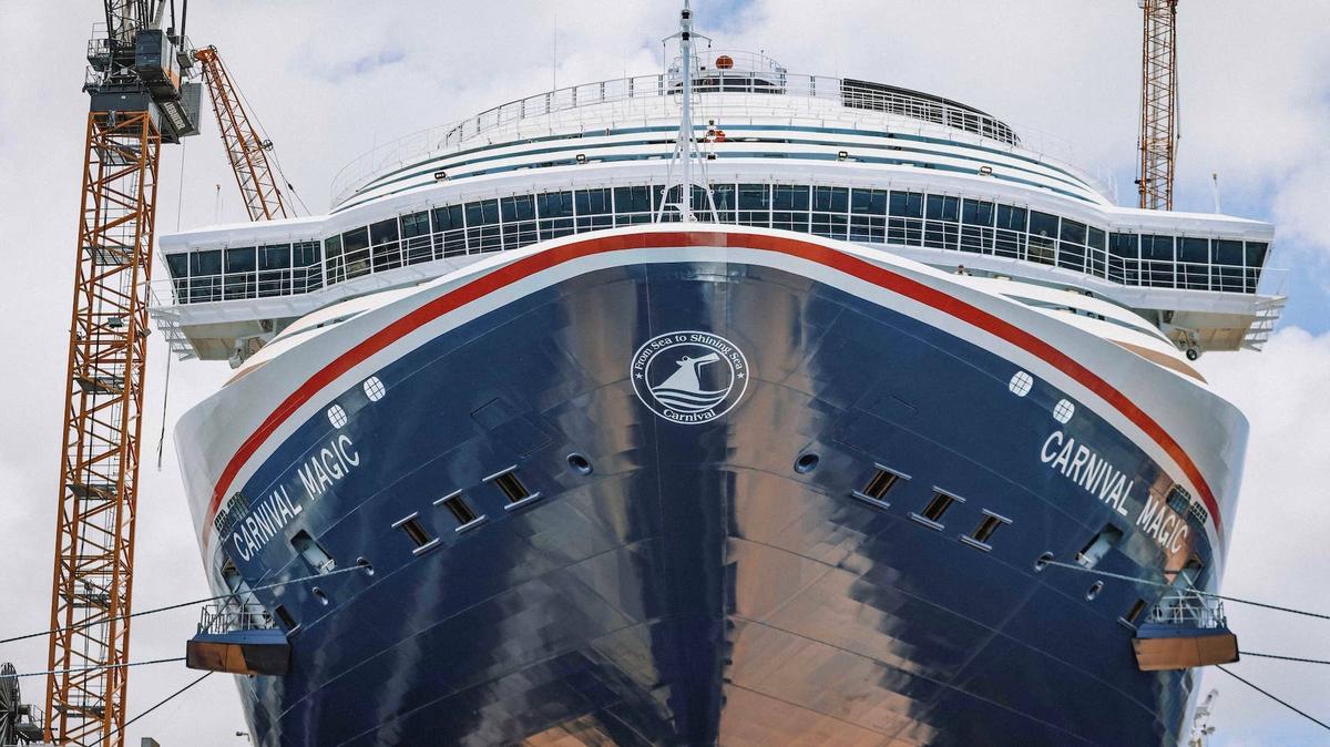 A view of the hull of the Carnival Magic cruise ship featuring Carnival's new patriotic bow crest. 