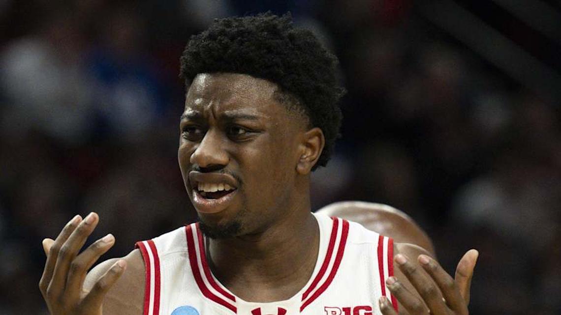  Mar 19, 2026; Portland, OR, USA; Wisconsin Badgers guard Braeden Carrington (0) and guard John Blackwell (25) react during the second half of a first round game of the men's 2026 NCAA Tournament against the High Point Panthers at Moda Center. Mandatory Credit: Troy Wayrynen-Imagn Images | Troy Wayrynen-Imagn Images 