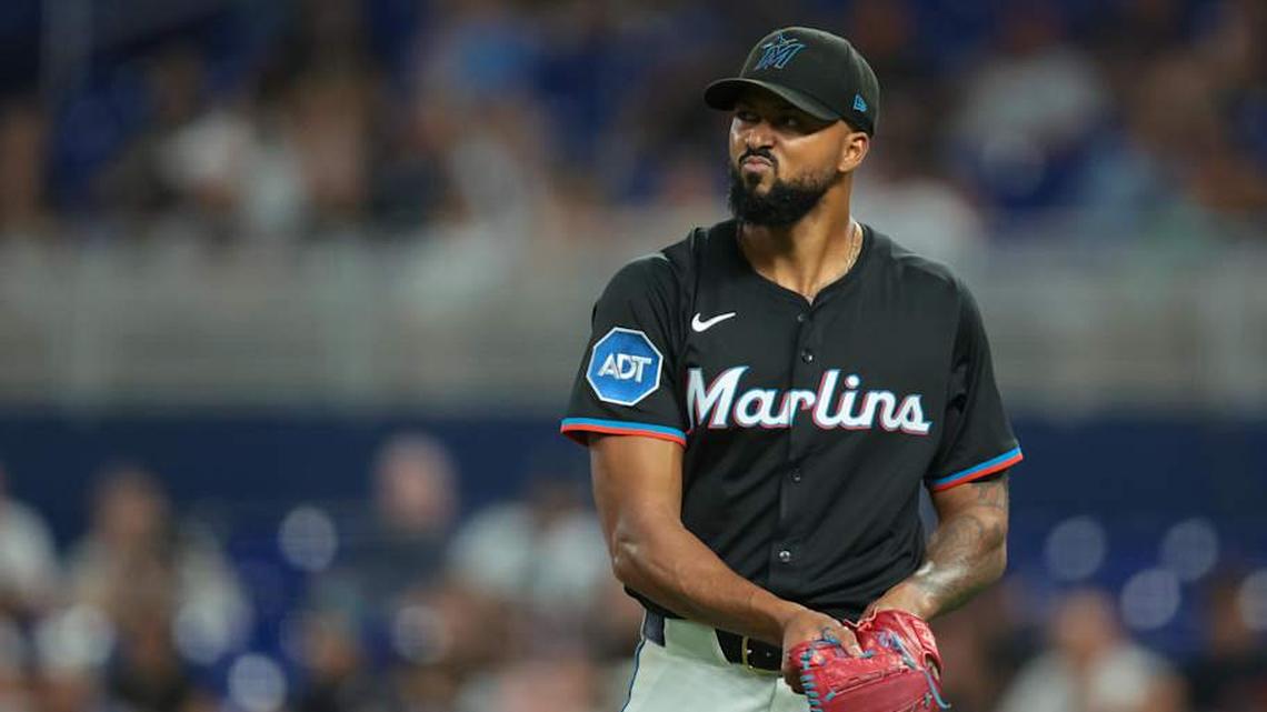  Sep 12, 2025; Miami, Florida, USA; Miami Marlins starting pitcher Sandy Alcantara (22) reacts against the Detroit Tigers during the third inning at loanDepot Park. | Sam Navarro-Imagn Images 