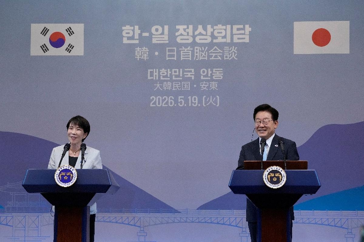 Japanese Prime Minister Sanae Takaichi and South Korean President Lee Jae Myung react during their joint press conference in Andong, South Korea, Tuesday, May 19, 2026.     Ahn Young-joon/Pool via REUTERS