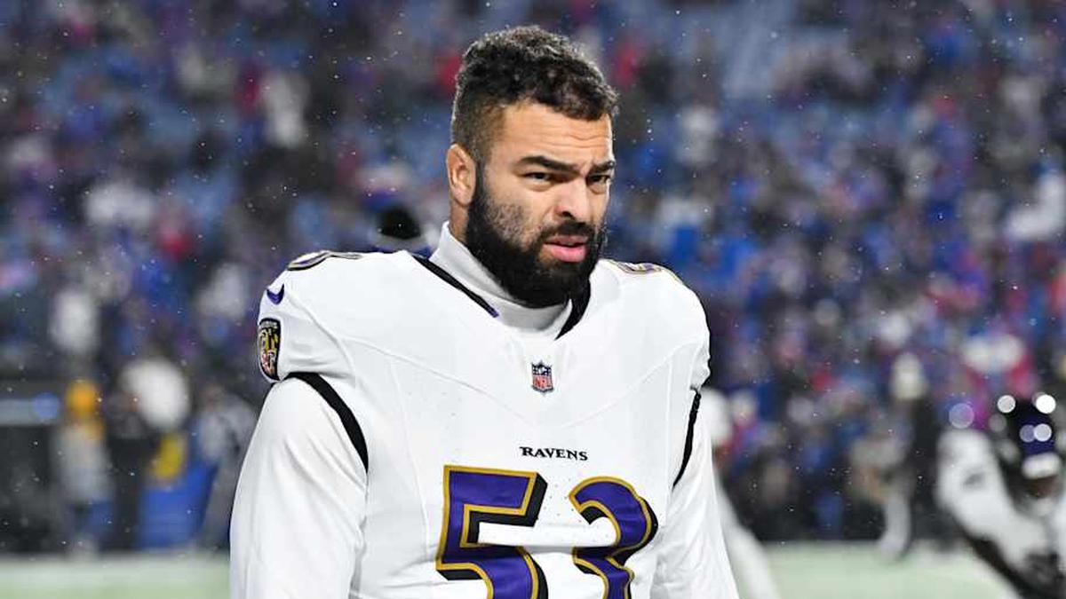 Jan 19, 2025; Orchard Park, New York, USA; Baltimore Ravens linebacker Kyle Van Noy (53) looks on during the first quarter against the Buffalo Bills in a 2025 AFC divisional round game at Highmark Stadium. Mandatory Credit: Mark Konezny-Imagn Images | Mark Konezny-Imagn Images 