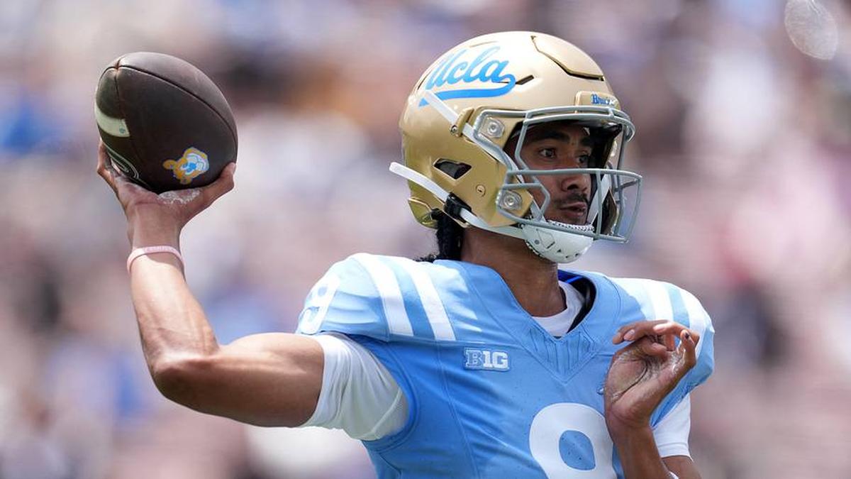  May 2, 2026; Pasadena, CA, USA; UCLA Bruins quarterback Nico Iamaleava (9) throws the ball during the spring game at Rose Bowl. Mandatory Credit: Kirby Lee-Imagn Images | Kirby Lee-Imagn Images 