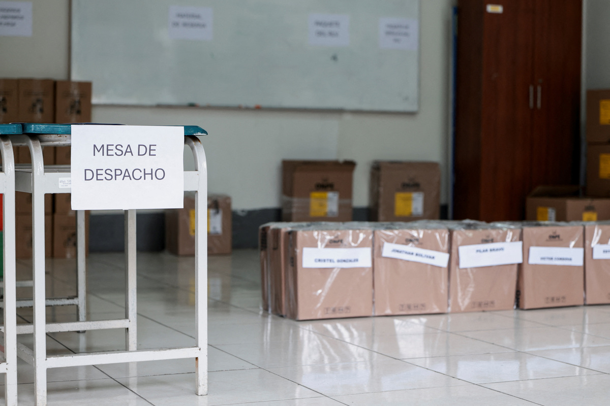 Electoral materials sit at a polling station ahead of the June 7 runoff election, in Lima, Peru, June 6, 2026. REUTERS/Stifs Paucca