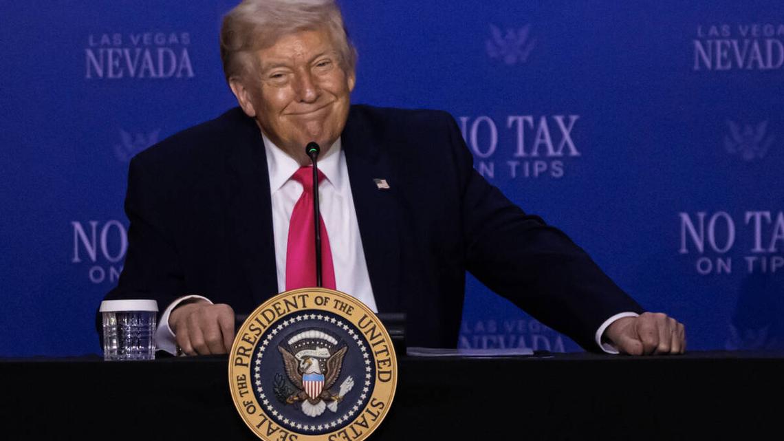 President Donald Trump looks on during a roundtable discussion at the AC Hotel in Symphony Park on Thursday, April 16, 2026, in Las Vegas. (Chase Stevens/Las Vegas Review-Journal/TNS)