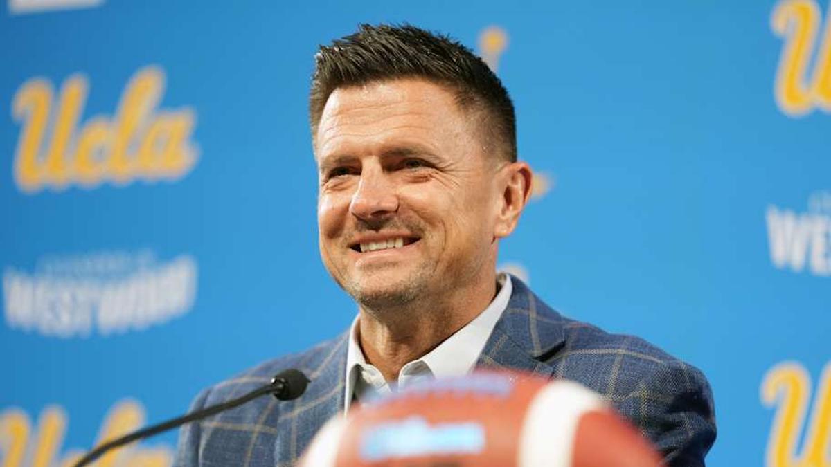  Dec 9, 2025; Los Angeles, CA, USA; Bob Chesney is introduced as UCLA Bruins football coach at press conference at Renee Luskin Conference Center Centennial Ballroom. Mandatory Credit: Kirby Lee-Imagn Images | Kirby Lee-Imagn Images 