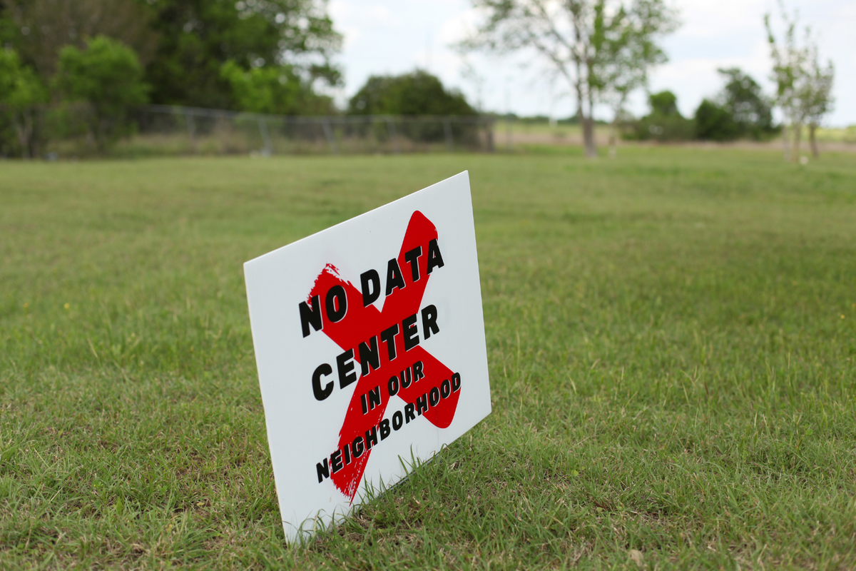  A sign from the community in Taylor, Texas, protesting a data center. 