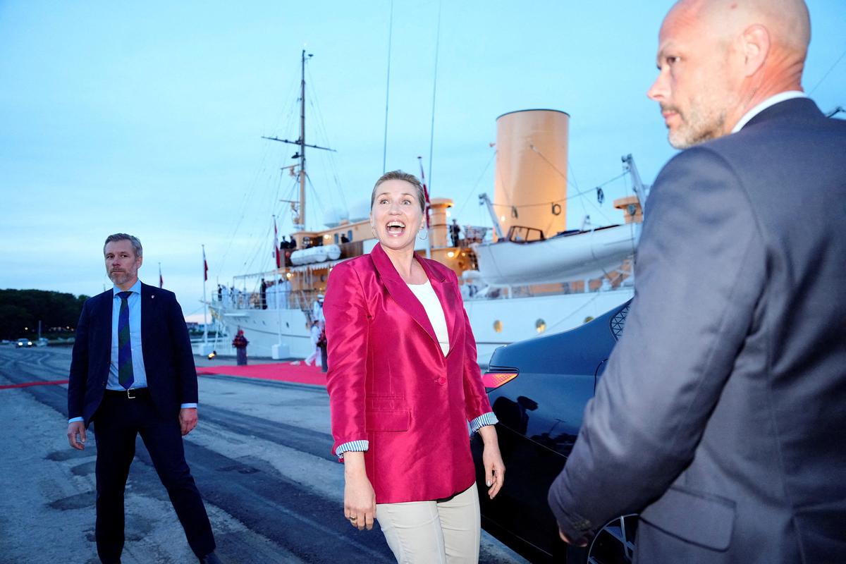 Denmark's acting Prime Minister Mette Frederiksen near the royal yacht Dannebrog, docked in Odense Harbor, Denmark, June 1, 2026. Sebastian Elias Uth/Ritzau Scanpix/via REUTERS